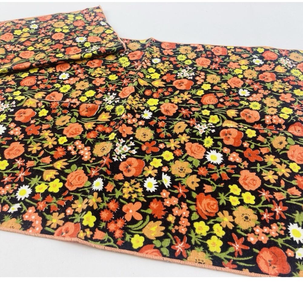 Vintage Napkins Hankies Set of 2 Printed Flower Power Orange Black Yellow 1960s